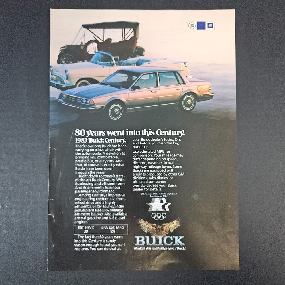 1983 Buick Century Classic Cars Vintage Print‎ Ad Mancave Garage Shop Olympics